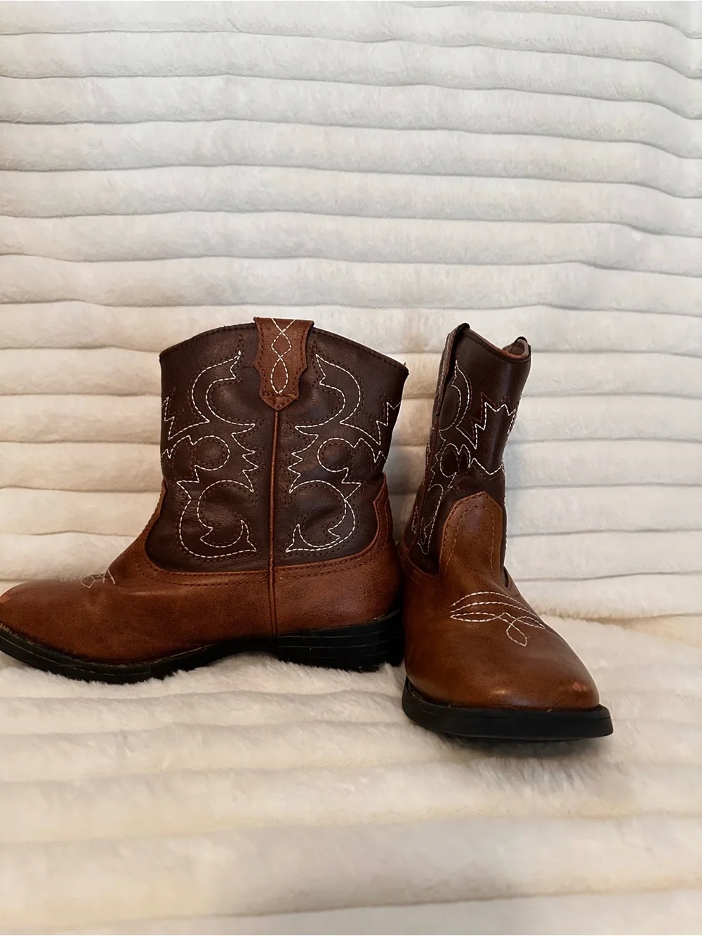 wonder nation Brown Kids Western Cowboy Boots with White Stitching